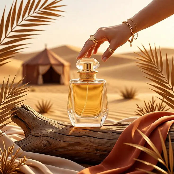 Luxury perfume bottle in an Arabian desert setting with flowing fabrics and a feminine hand touching the cap.