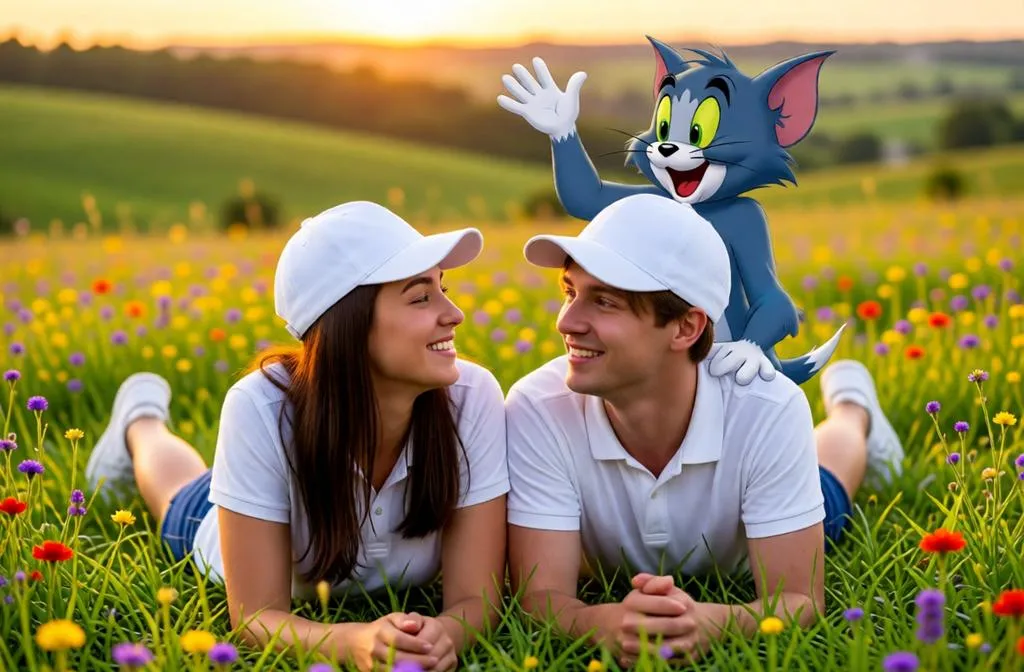 A couple lying in a wildflower field with Tom and Jerry behind them.
