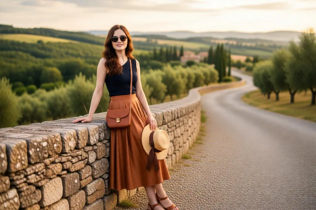 A woman in a satin skirt and a one-shoulder top on a countryside road.