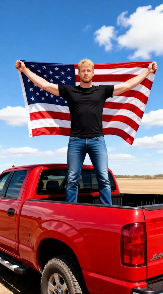 Man standing in a pickup truck holding a large American flag.