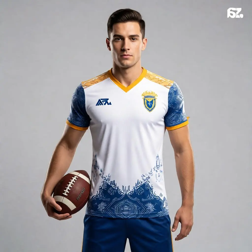 Male athlete wearing a custom football jersey mockup while holding a football in a gray studio background.