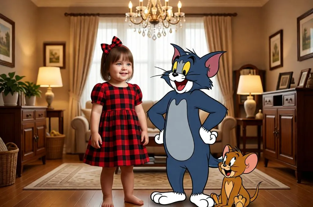 Little girl in a cozy living room with Tom and Jerry.