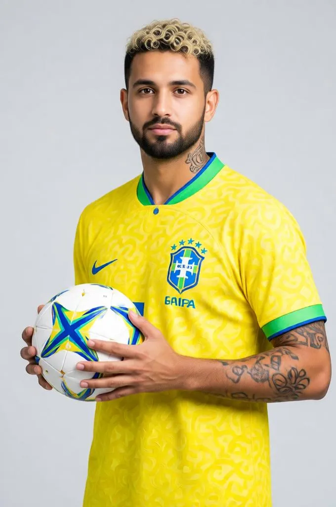 Brazilian footballer in a yellow jersey holding a football in a professional studio portrait.