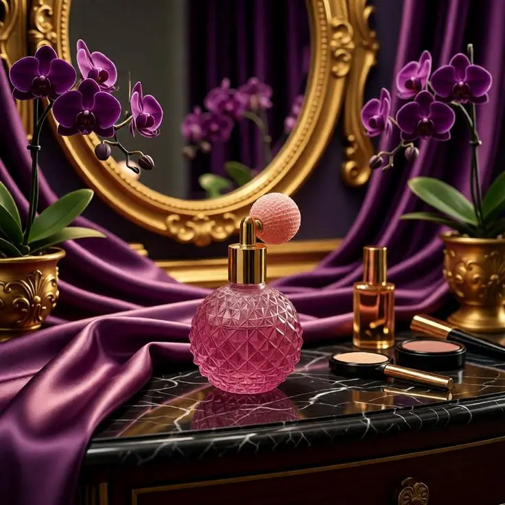 Perfume bottle on a dark marble vanity table with purple orchids and satin fabric in an elegant dressing room.