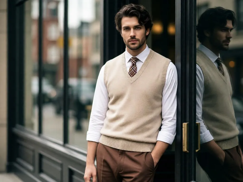 Man in sweater vest and tailored trousers, academia style.