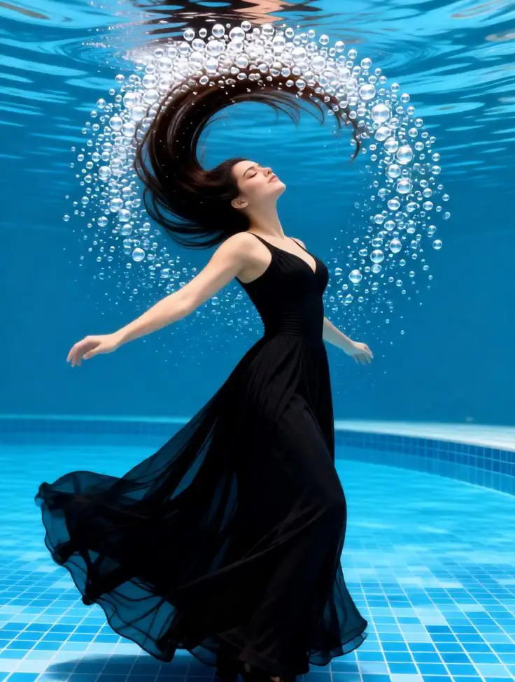 Woman performing an underwater hair flip.