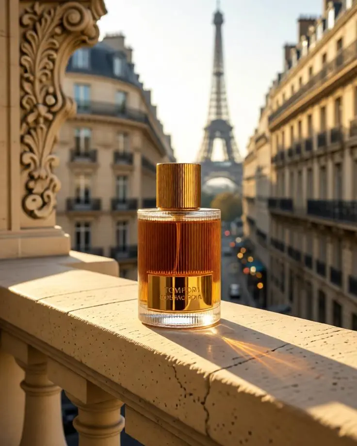 Luxury perfume bottle on a Parisian stone balcony with elegant architecture and the Eiffel Tower in the distance.