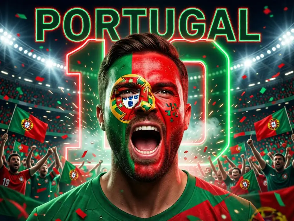 Portugal football fans celebrate with flags and the stadium crowd.
