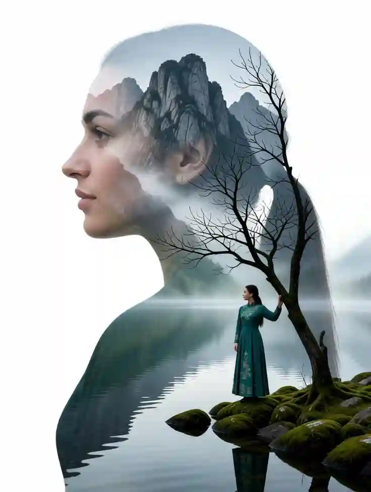 Woman blended with a serene mountain lake landscape.