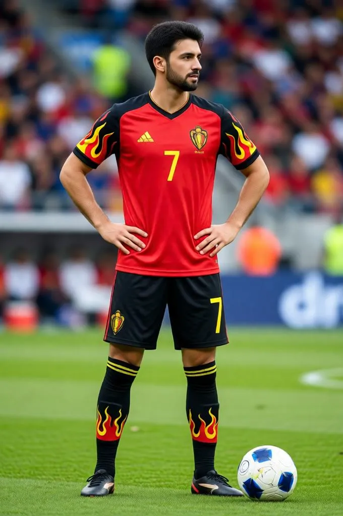 Belgian footballer standing with hands on hips beside a football on the pitch.