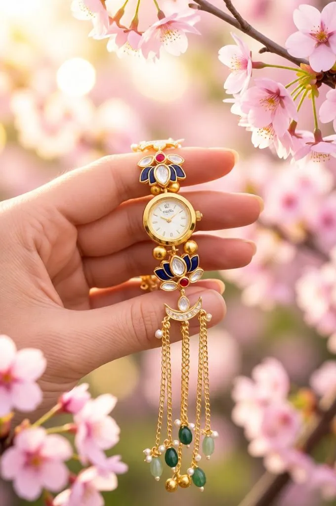 Luxury watch with cherry blossom spring aesthetic.