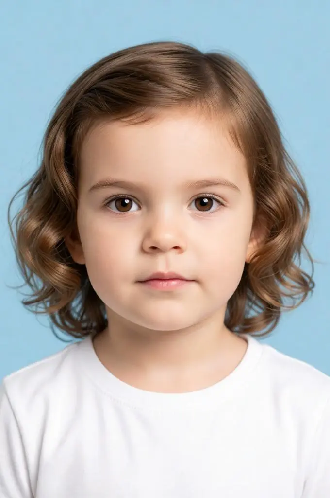 Toddler with curly light brown hair and large brown eyes wearing a white shirt, front-facing passport photo on a light blue background.