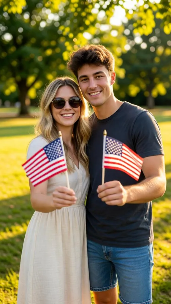 Couple holding American flags in a sunny park.
