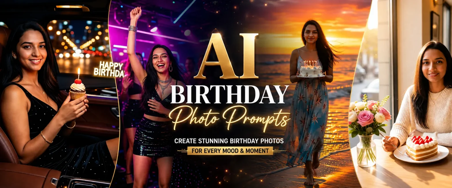 A vibrant banner featuring four AI-generated birthday celebration scenes surrounding the title “AI Birthday Photo Prompts.”