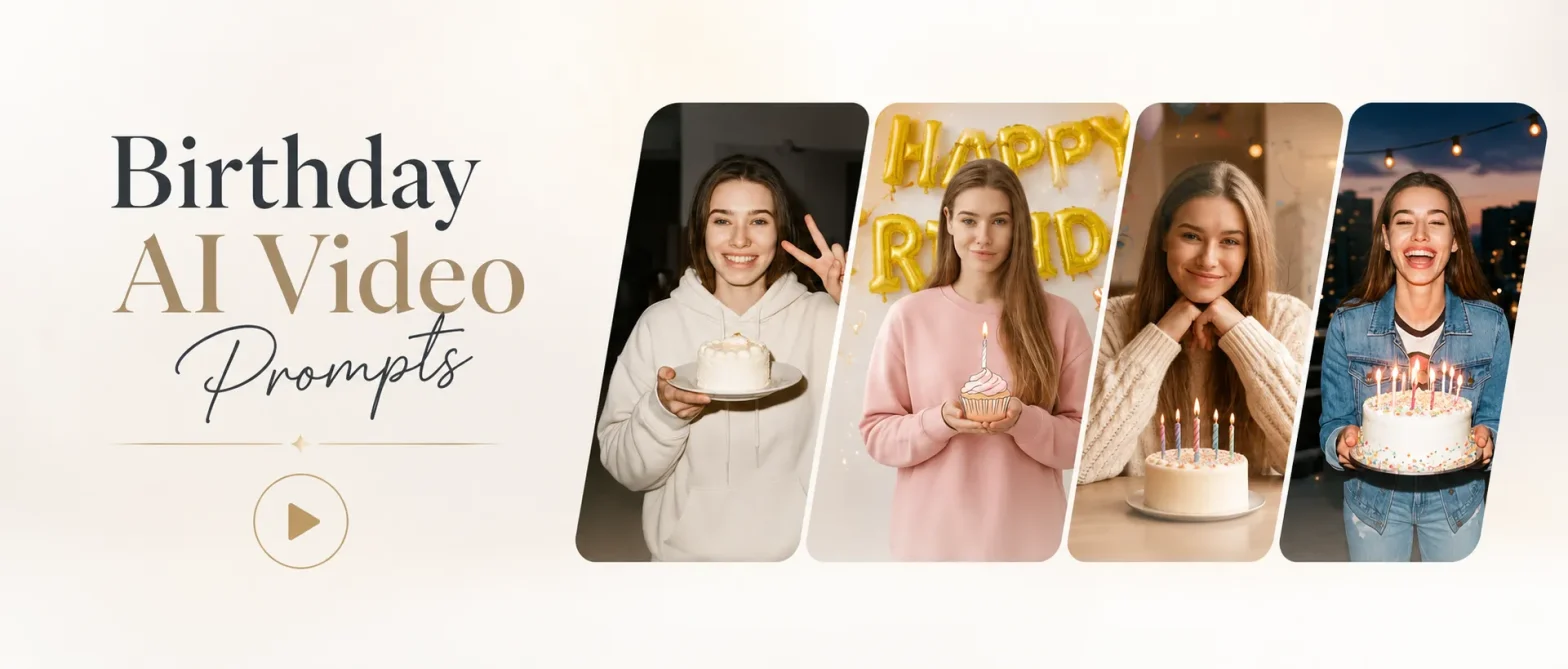 A clean banner featuring four birthday celebration scenes with the title "Birthday AI Video Prompts" and a subtle play button, highlighting AI-generated birthday video ideas.