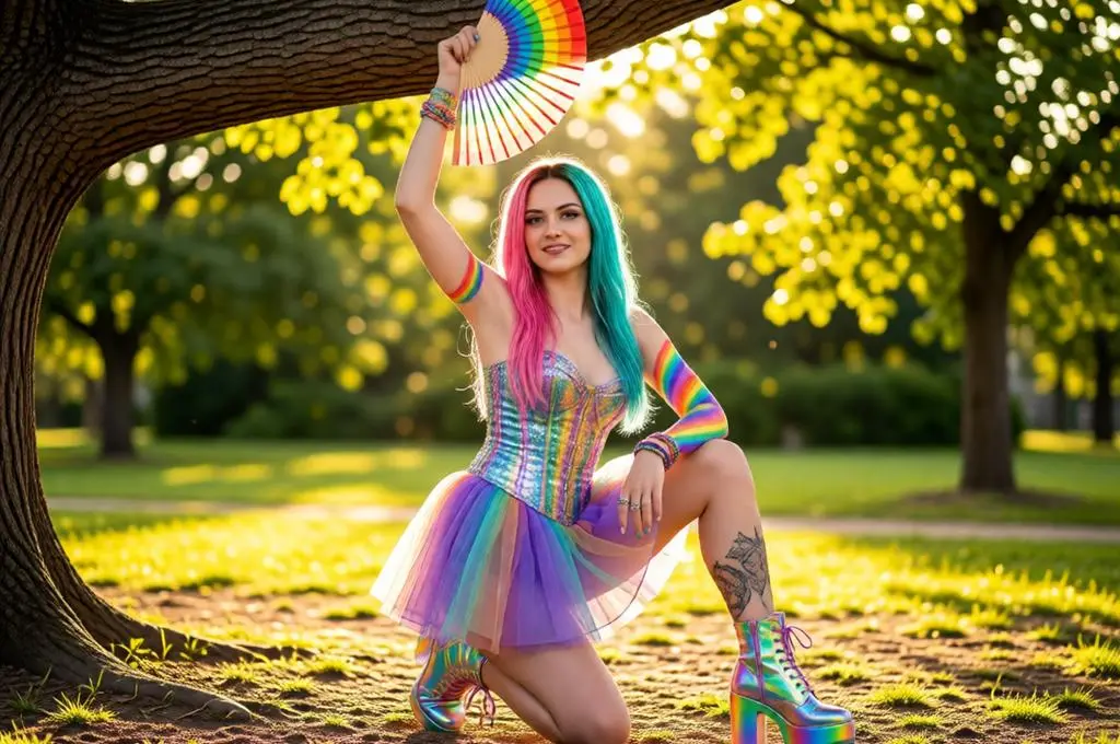 Woman in rainbow fashion posing with a colorful fan in a park.