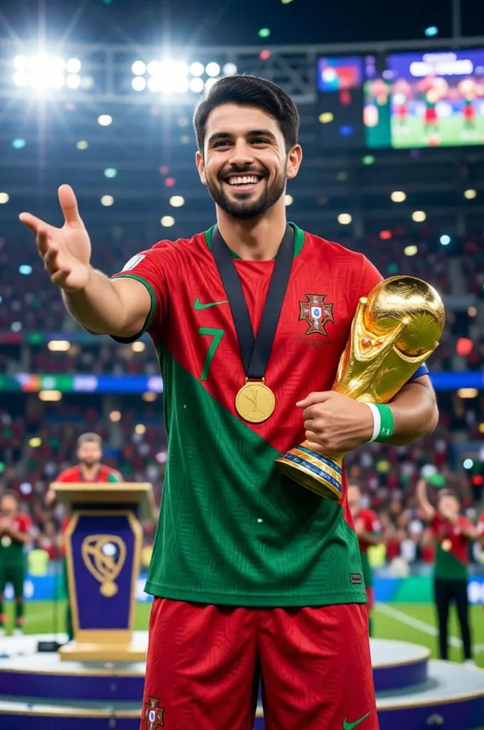Portuguese footballer holding a World Cup trophy and celebrating victory in a stadium.