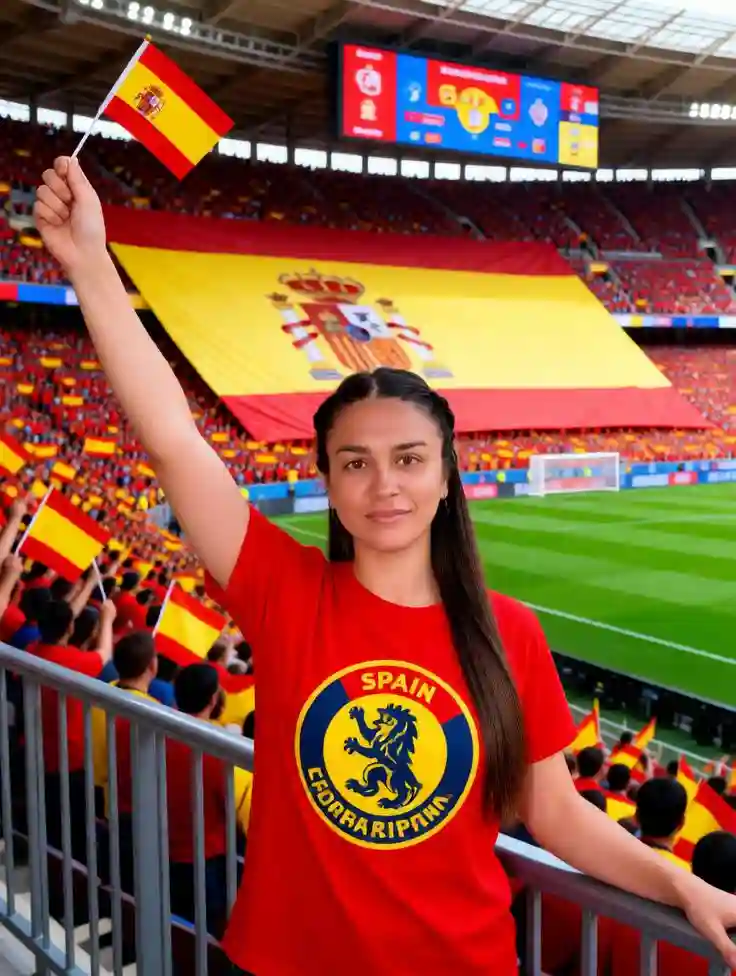 Spain woman waving a flag during a football match.