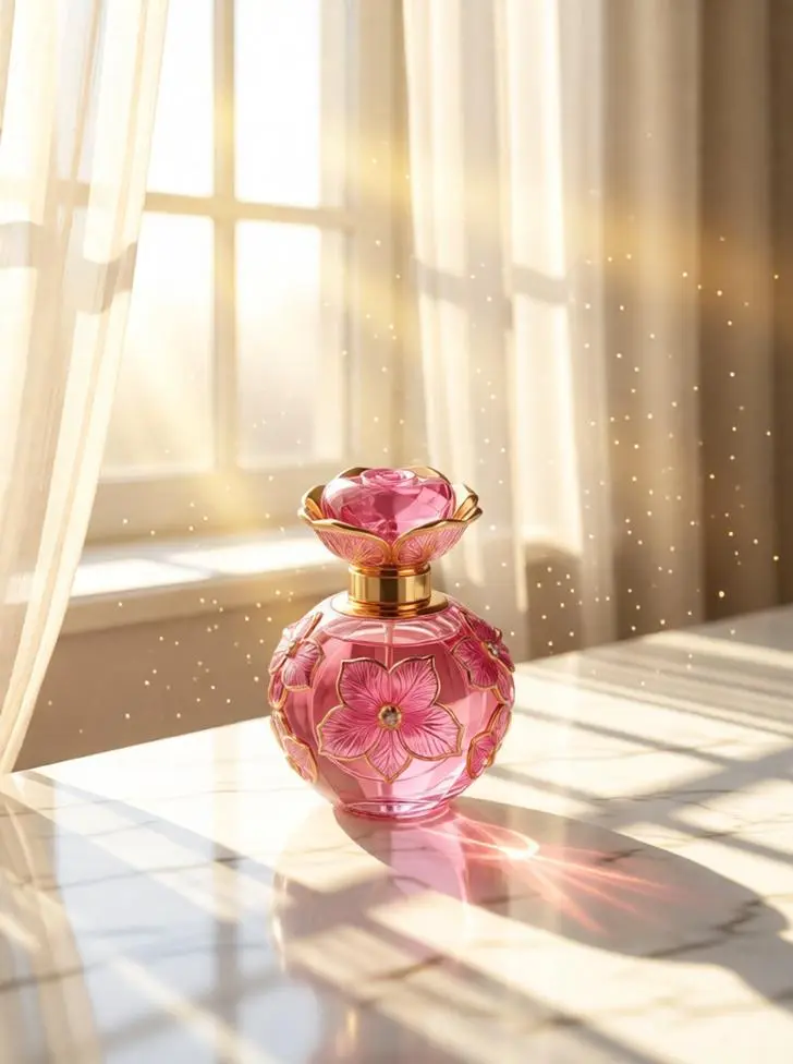 Minimal luxury perfume bottle beside a sunlit window with flowing white curtains and golden morning light.