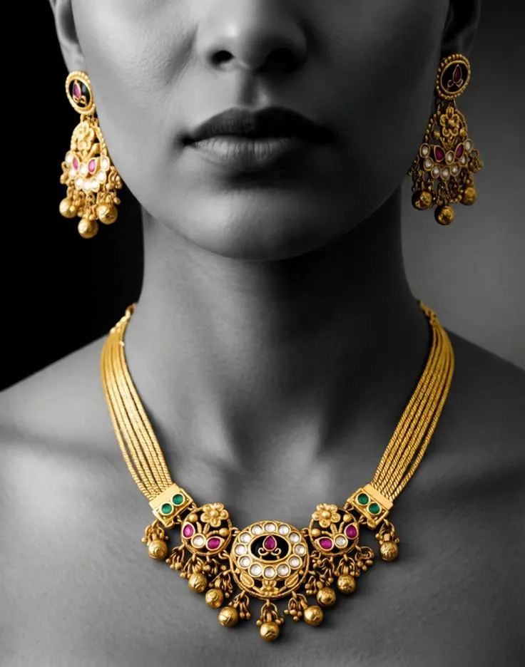 Gold jewelry editorial portrait with monochrome effect.