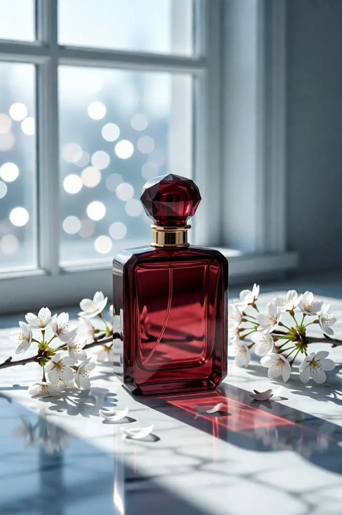 Luxury perfume bottle beside a sunlit window with white cherry blossoms and a minimalist blue aesthetic.