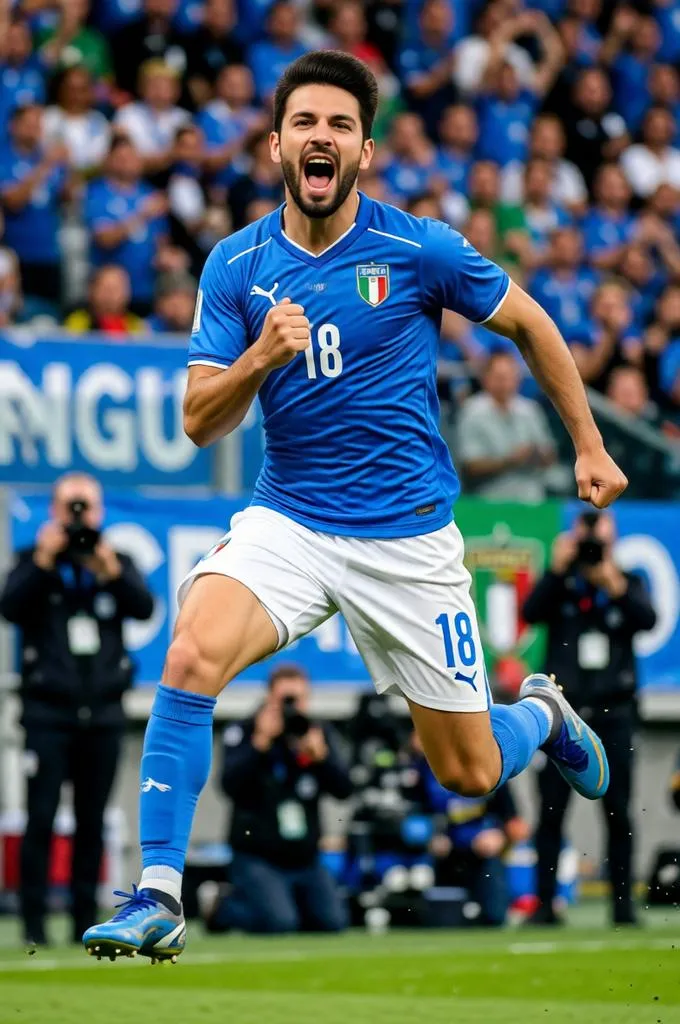 Italian footballer jumping in celebration during a professional football match.