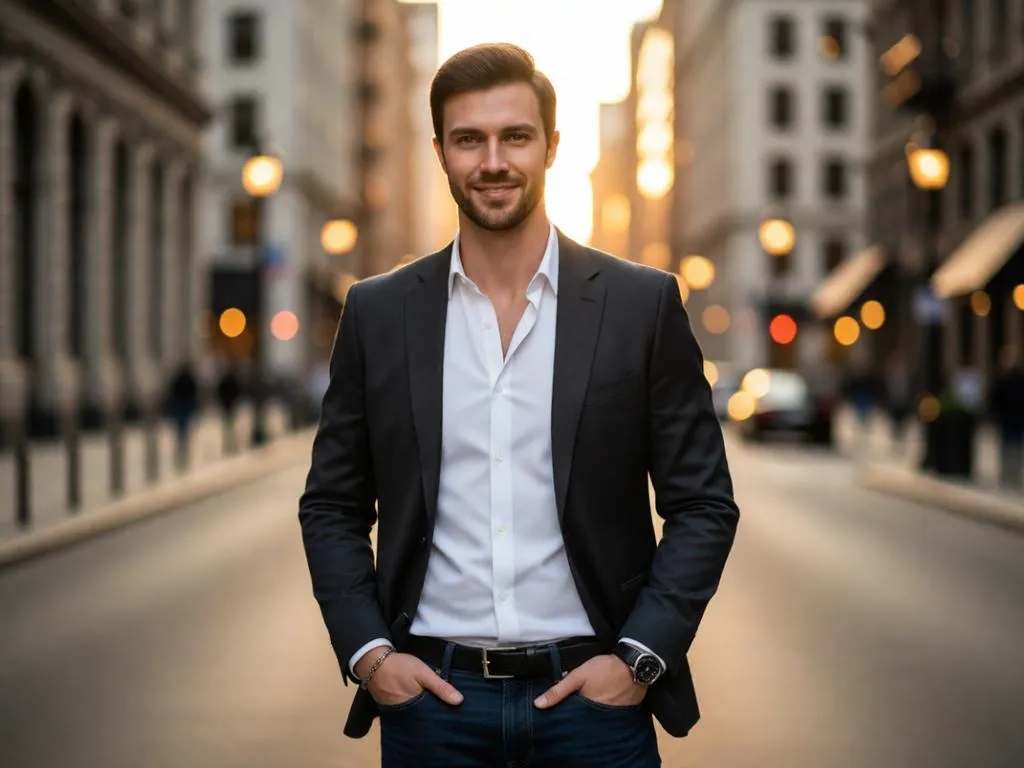 A man in a blazer and a white shirt on an elegant city street.
