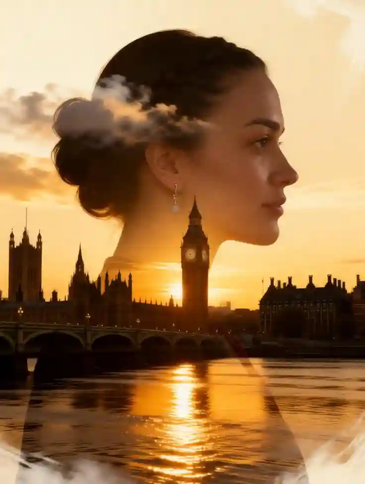 A woman’s portrait blended with iconic London landmarks.