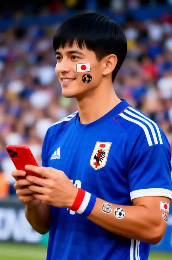 Japan football fan in a blue jersey at a match.