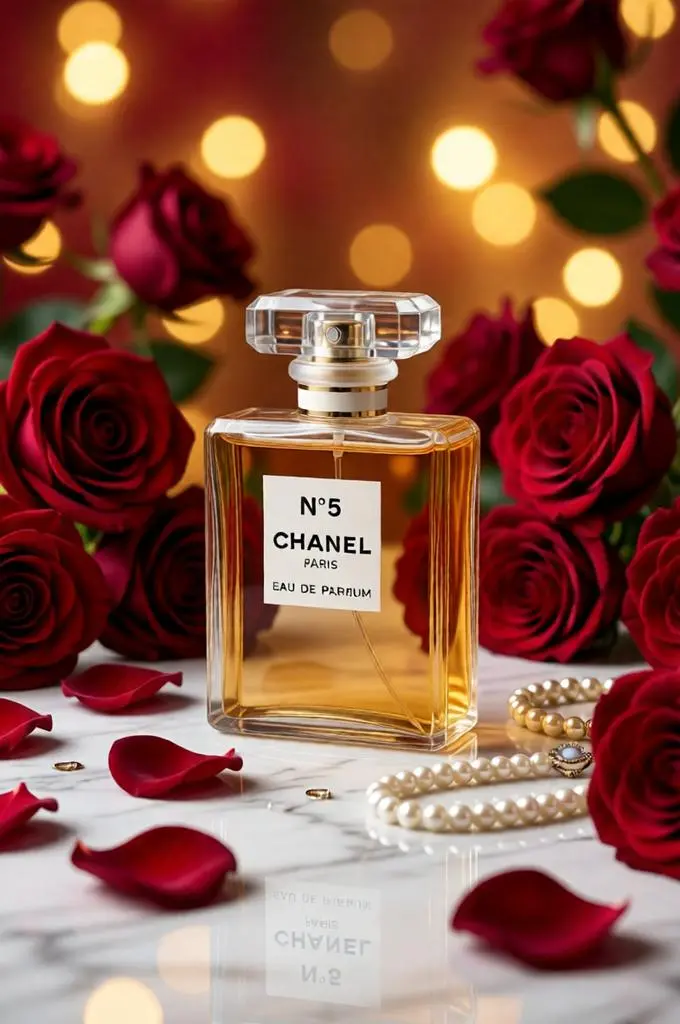 Luxury perfume bottle with deep red roses, rose petals, and pearl jewelry on a white marble surface.