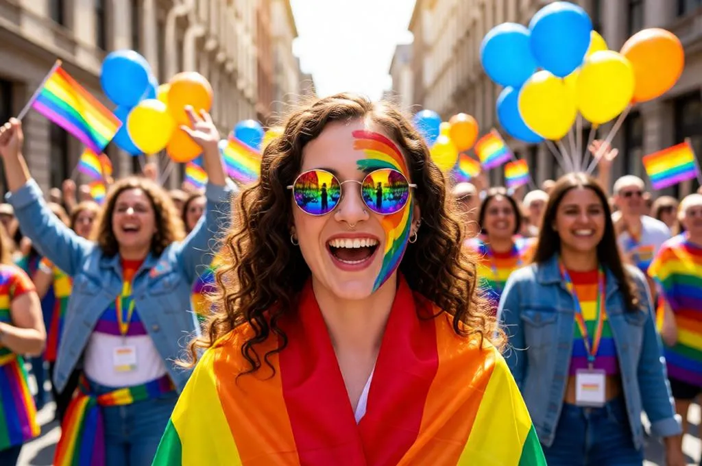 Woman with rainbow face paint and sunglasses at a Pride parade.