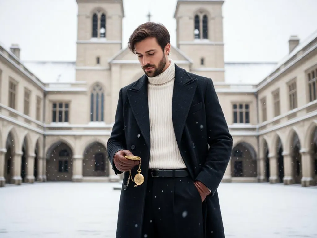 A man in a wool overcoat and a turtleneck in the winter courtyard.