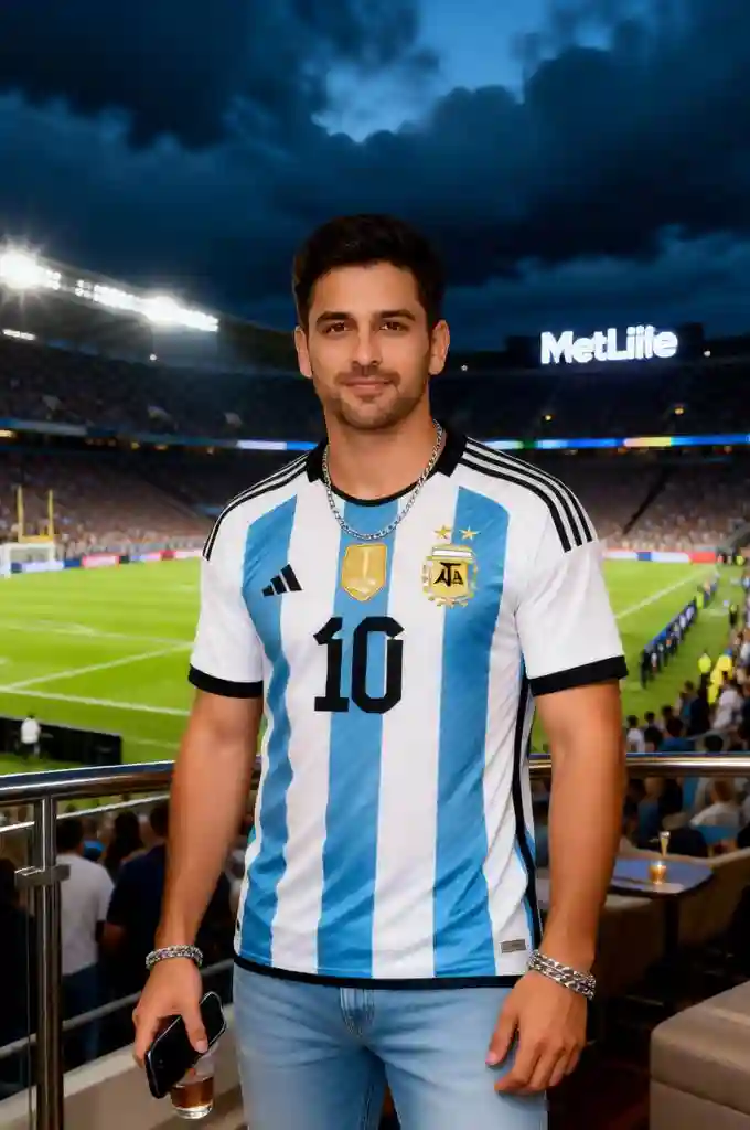 An Argentine man football fan at a nighttime match.
