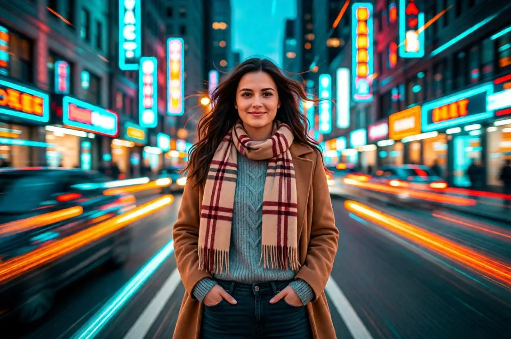 Woman in neon city with motion blur lights.