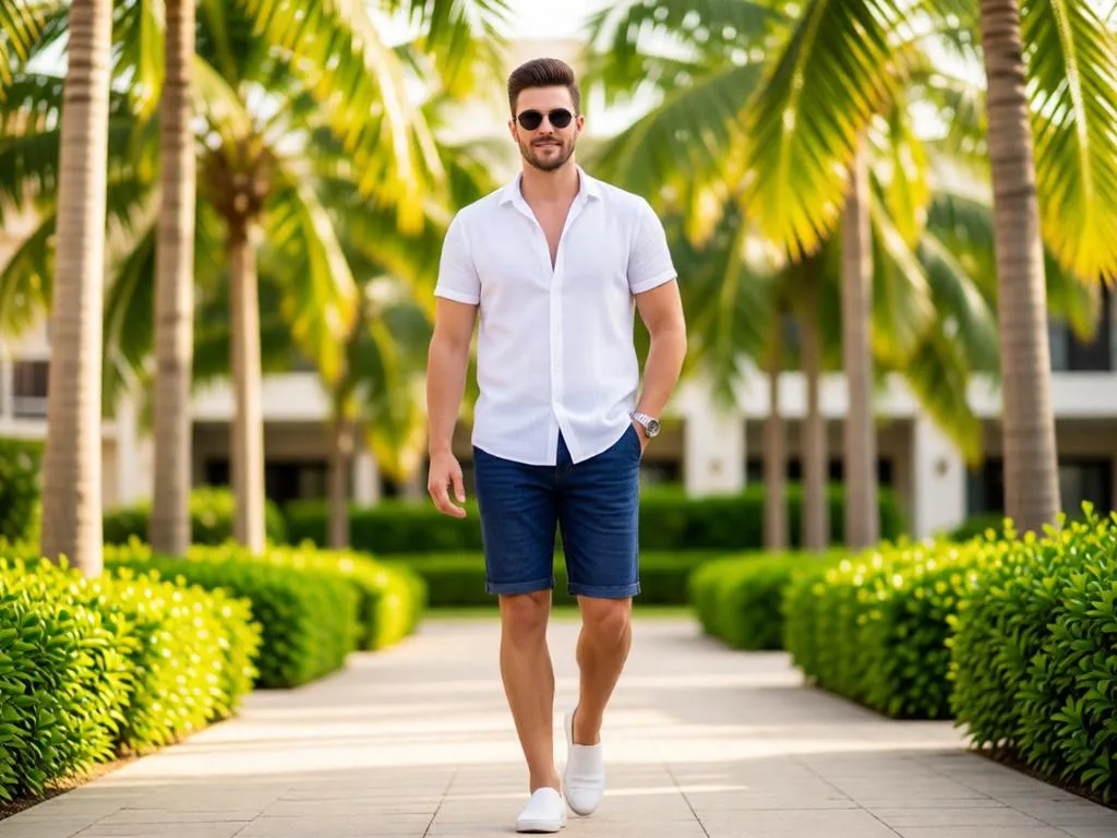 A man in a white linen shirt and denim shorts at a resort.