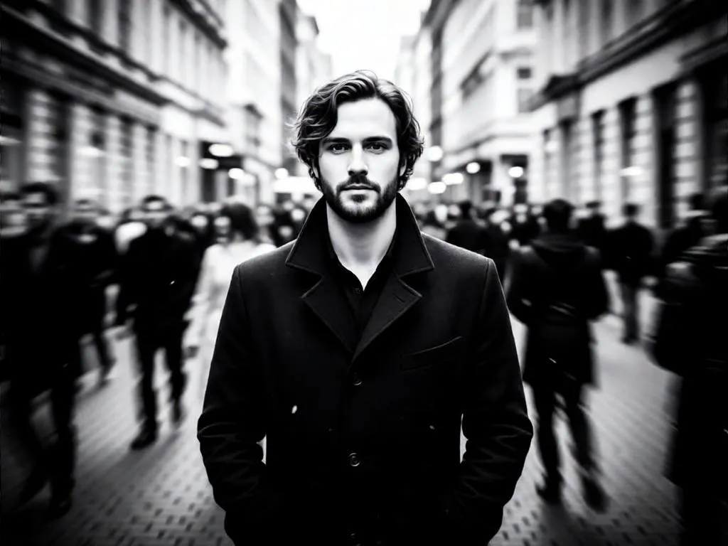 A man standing still in a blurred crowd.