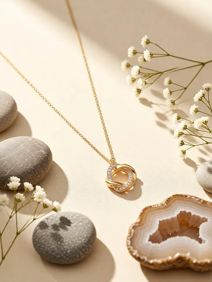 Pendant jewelry flat lay with stones and flowers.
