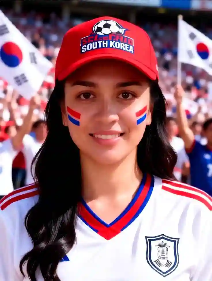 South Korean football supporter smiling in a stadium.