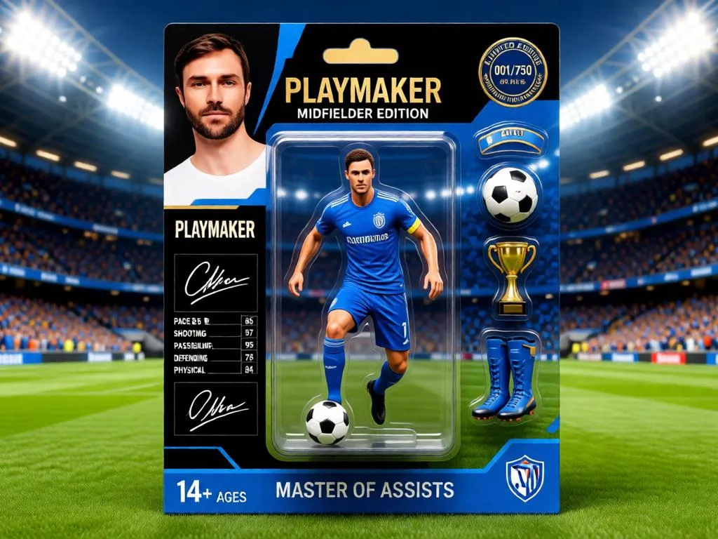 Midfielder action figure with captain's armband in FIFA stadium packaging.
