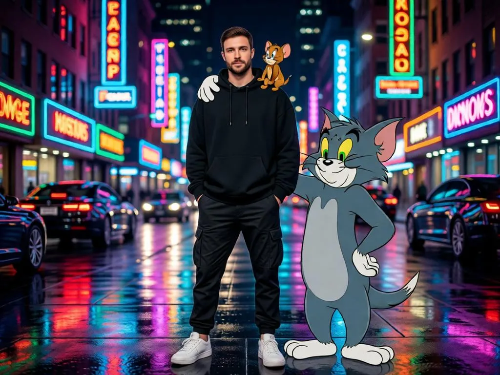 Alt text: Stylish young man with Tom and Jerry in a neon-lit city at night.