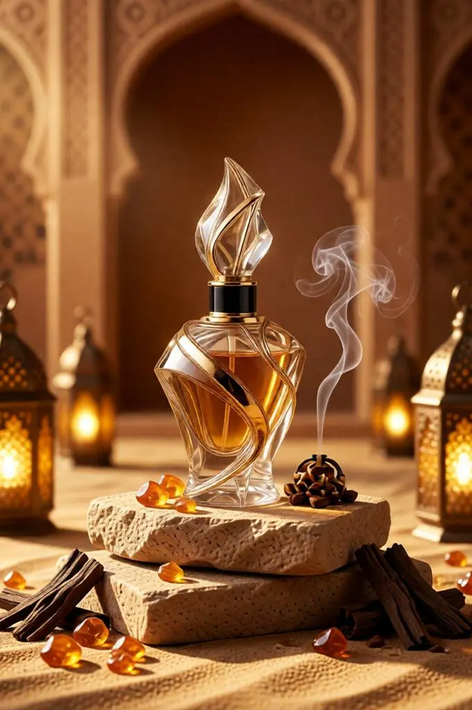 Luxury Arabic perfume bottle on sandstone blocks with glowing lanterns and oud wood in a desert-inspired setting. 