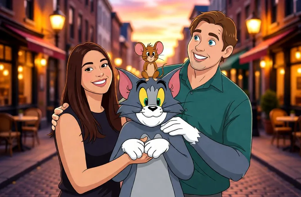 Young couple posing with a friendly cartoon cat and mouse on a city street.