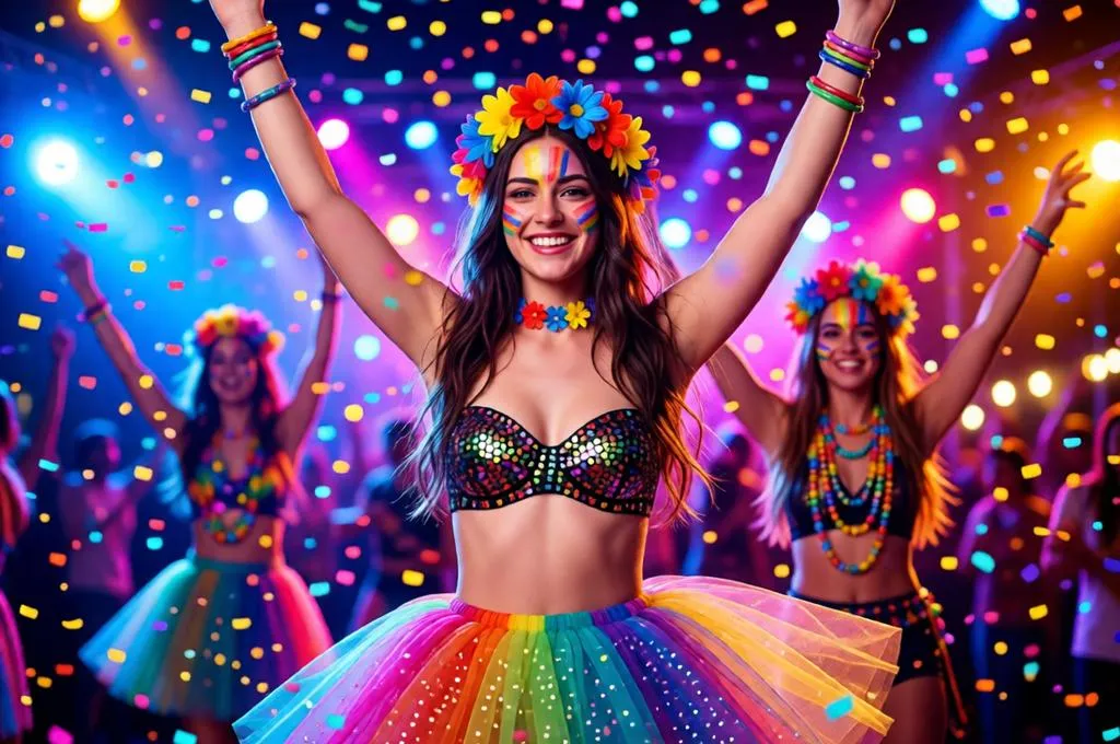 Woman dancing in rainbow attire at a nighttime Pride festival.