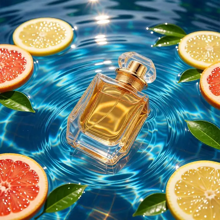 Perfume bottle floating in deep blue water with citrus slices and green leaves for a fresh summer fragrance campaign.