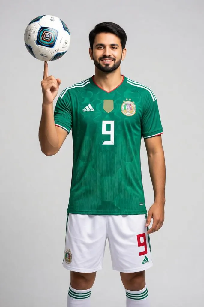 Mexican footballer balancing a football on one finger in a studio setting.