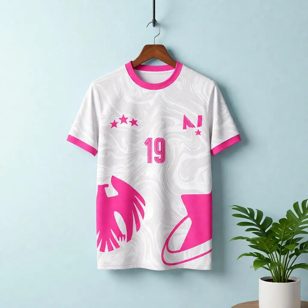 Custom crew-neck T-shirt mockup hanging on a wooden hanger beside an indoor plant against a pastel wall.