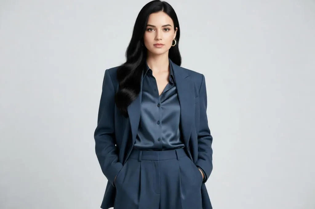 Woman wearing a monochrome blue power suit in a studio portrait.