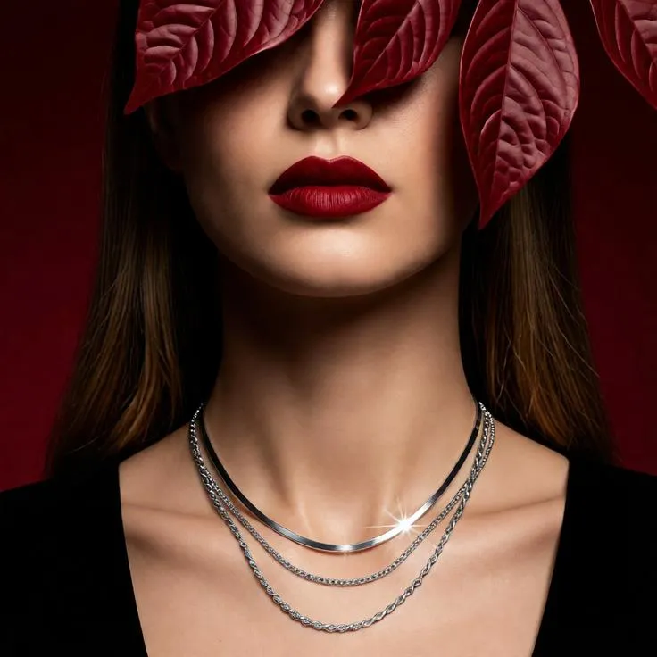 Luxury necklace campaign with burgundy fashion styling.