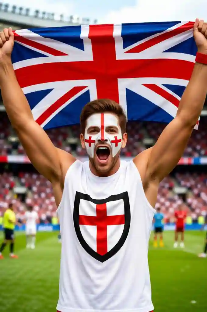 England fan holding a Union Jack in a stadium.
