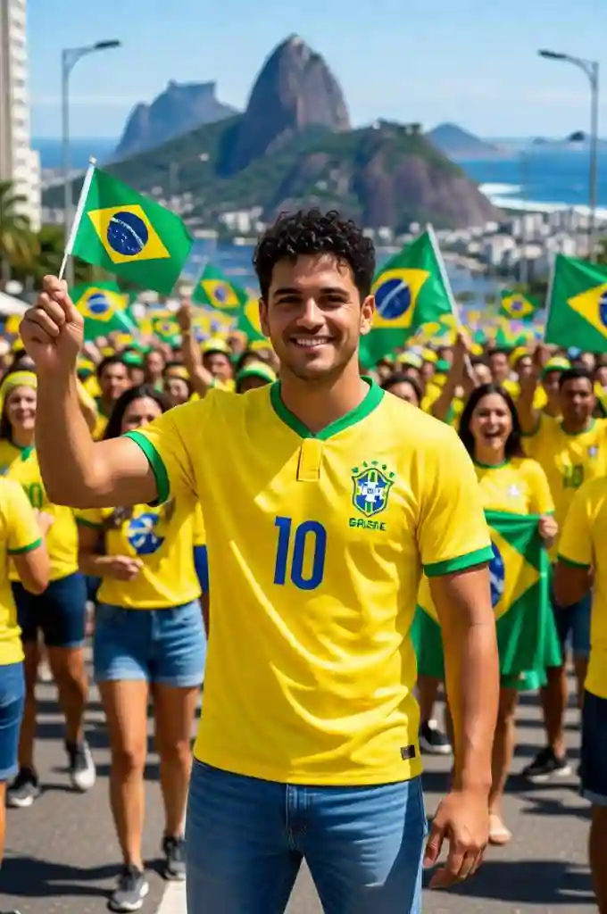 Brazil man cheering during a street football celebration.